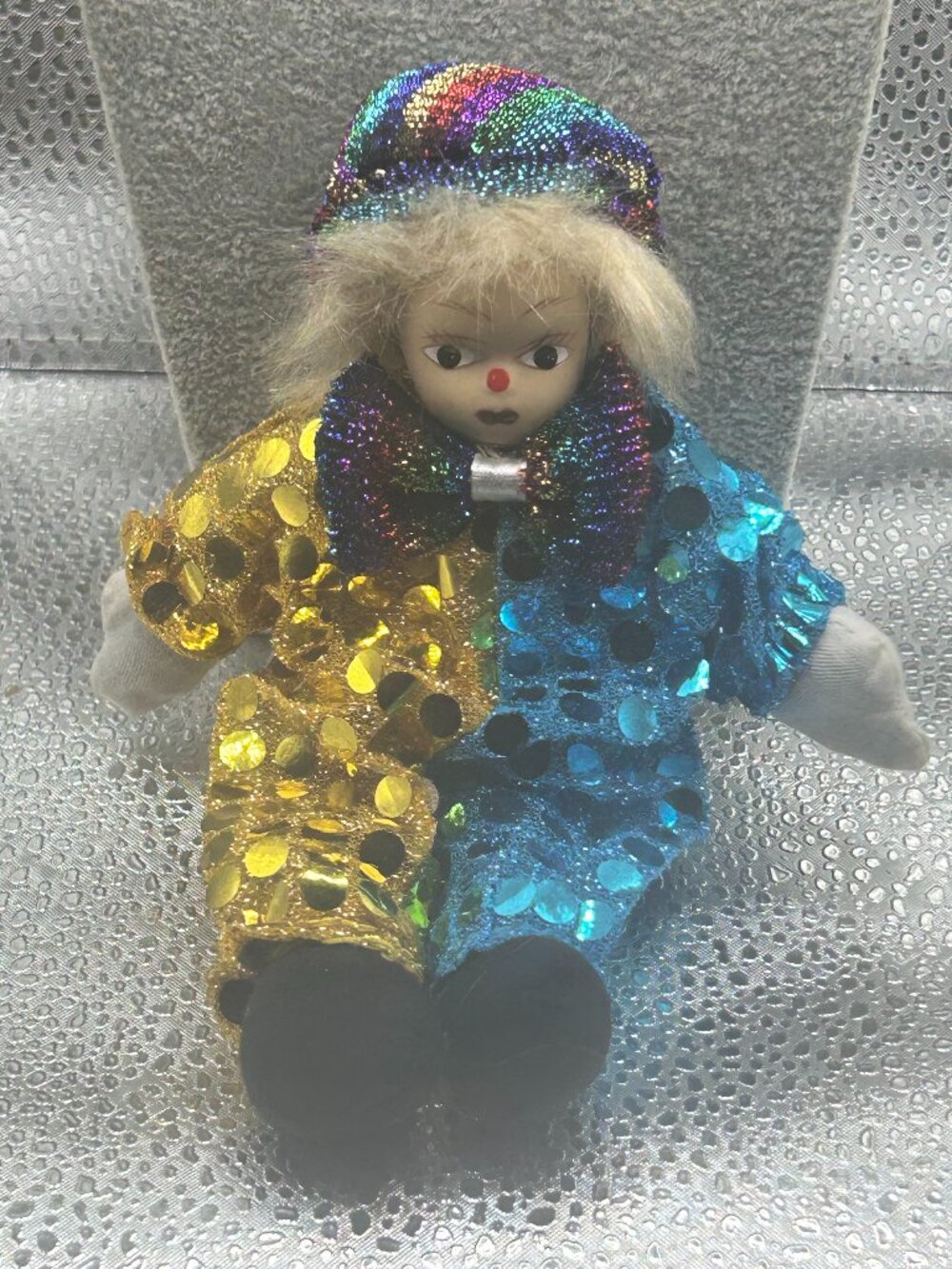 Vintage K's Collection Glass Face Yellow and Blue Clown Doll